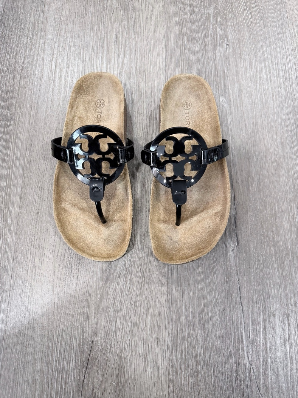 Tory Burch Black Patent Logo Thong Espadrille Sandals